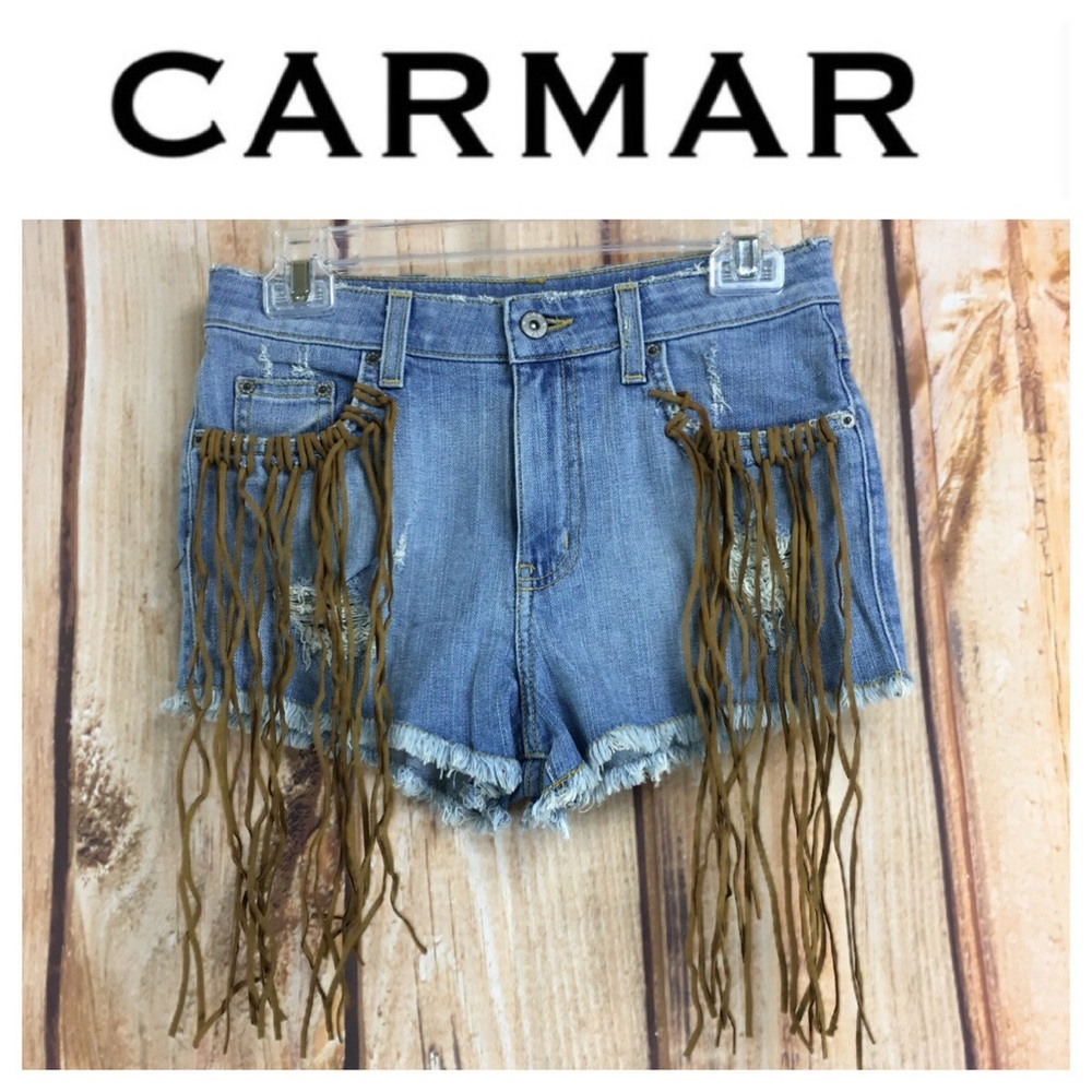 💸Carmar High Rise fringe accented denim short